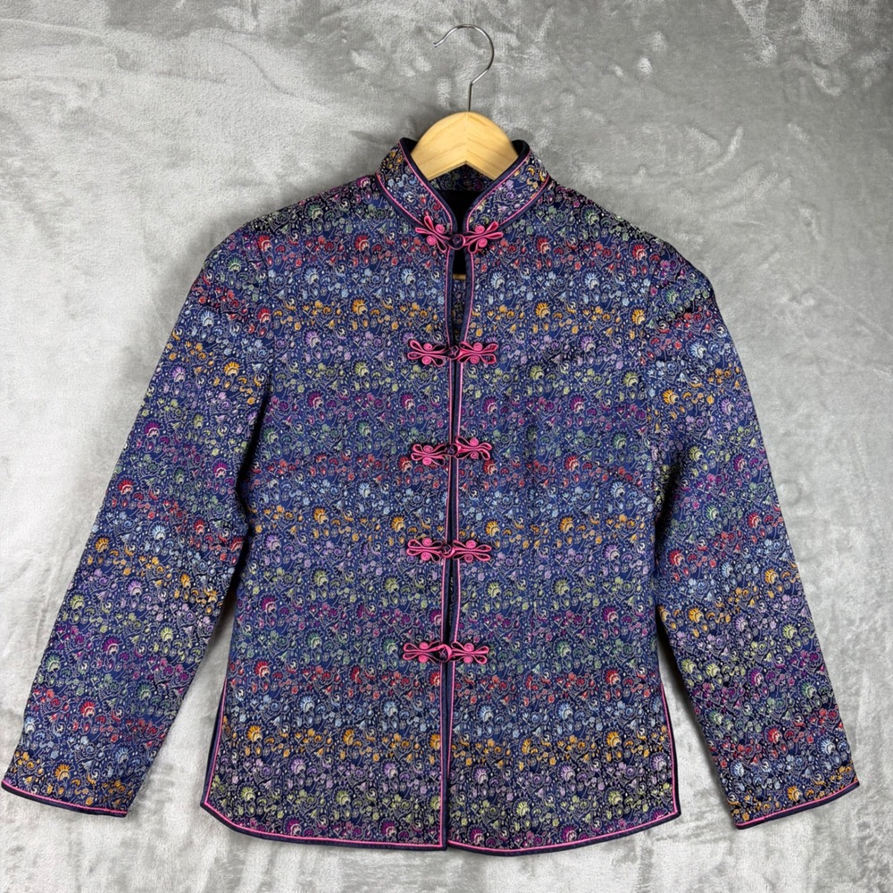 Quilted Embroidered‎ Womens Blazer Jacket Floral Tailored Blue Small Whimsical
